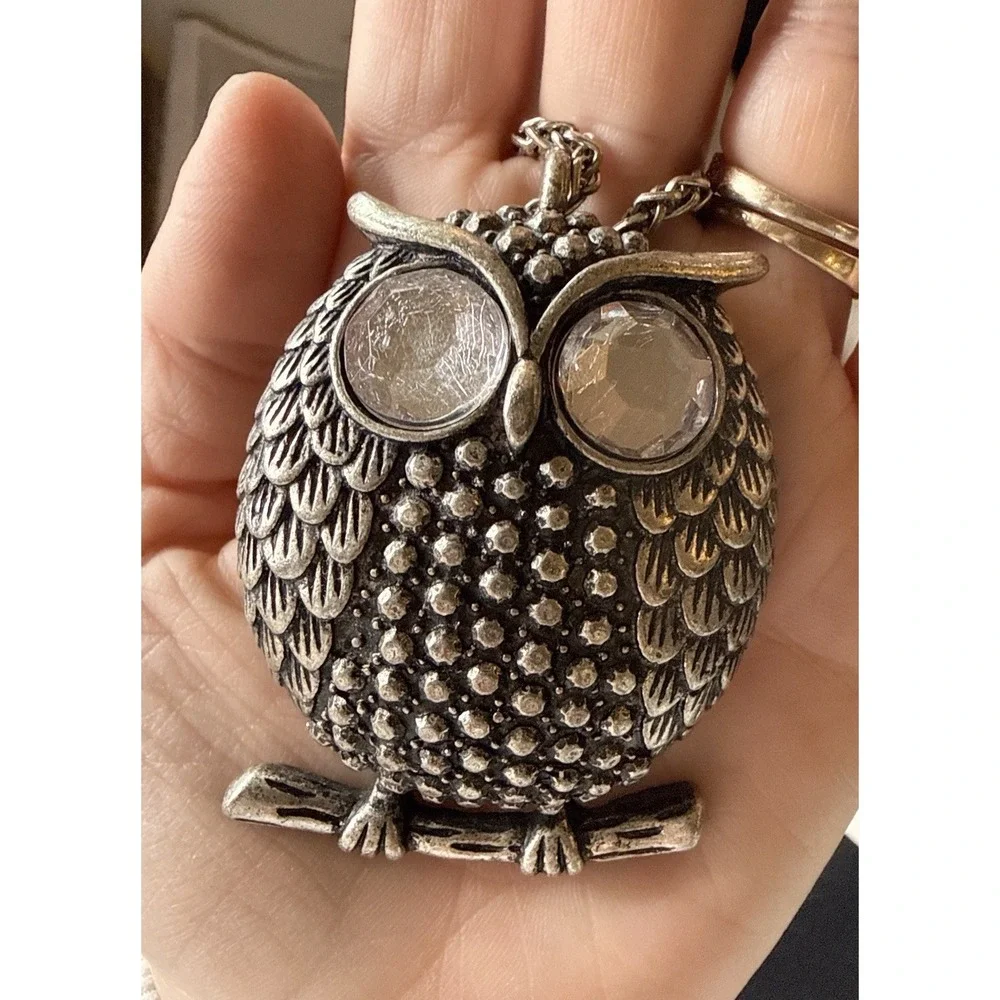 Vintage Owl Pendant Necklace Rhinestone Eyes Chunky Silver Tone Cast Metal 36